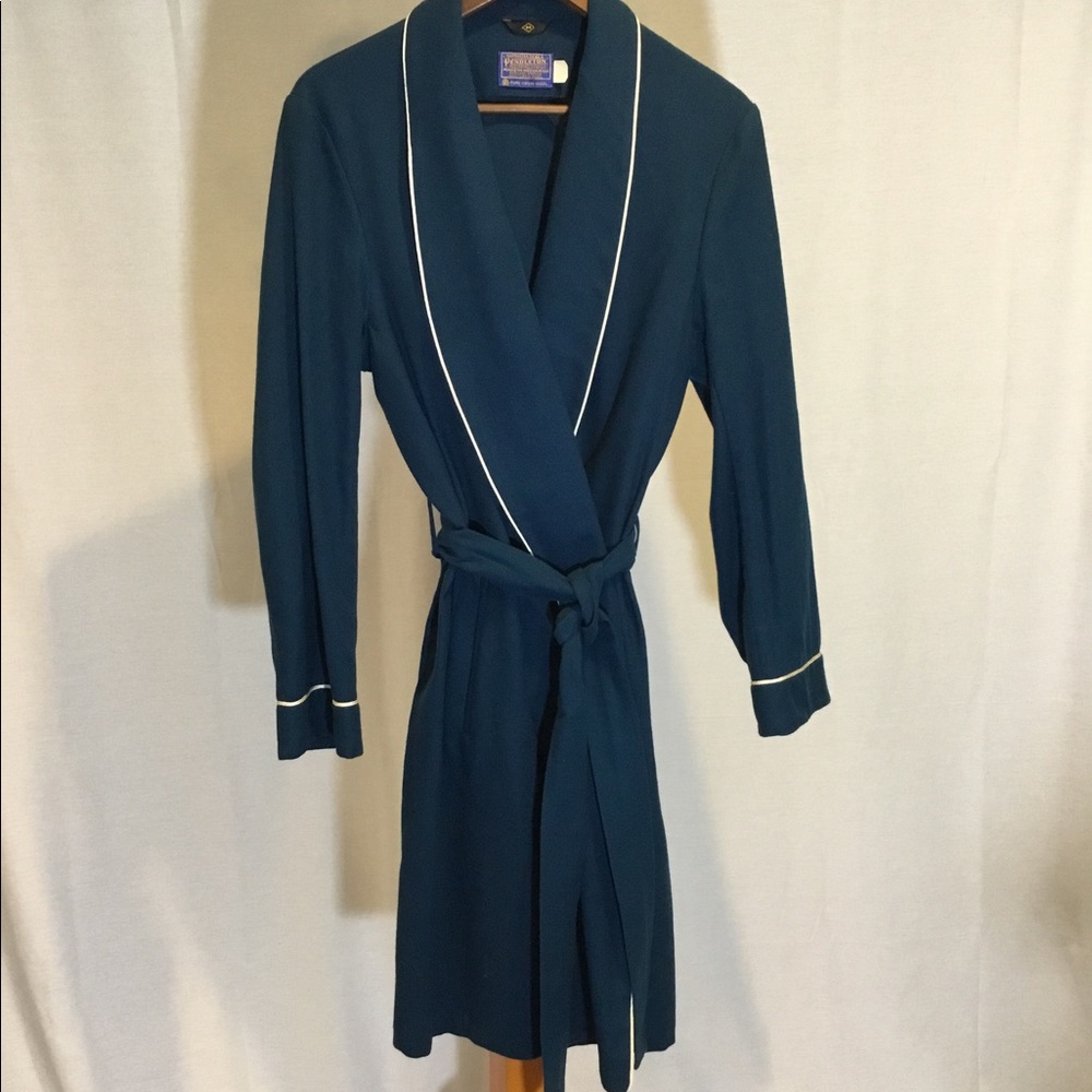 Pendleton Teal Shawl-Collar Robe with White Trim